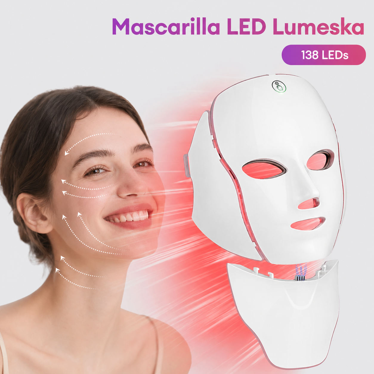 Mascarilla LED Lumeska encendida, mostrando la luz roja cálida en uso
