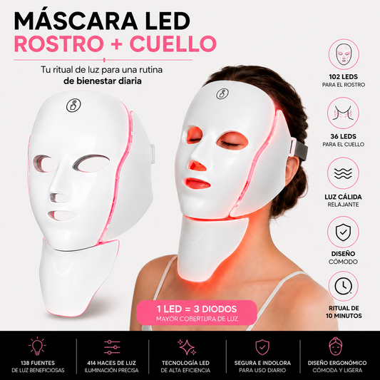 Mascarilla LED Lumeska para rostro y cuello, ritual de bienestar con luz cálida de 10 minutos