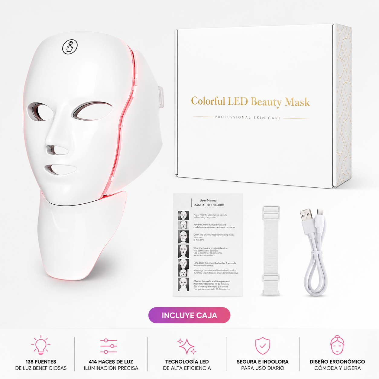 Caja y accesorios de la mascarilla LED Lumeska: manual de usuario, cable USB-C y correa ajustable