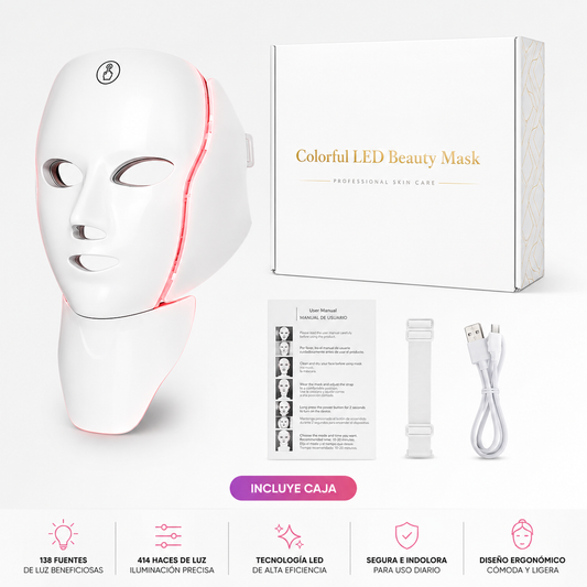 Caja y accesorios de la mascarilla LED Lumeska: manual de usuario, cable USB-C y correa ajustable