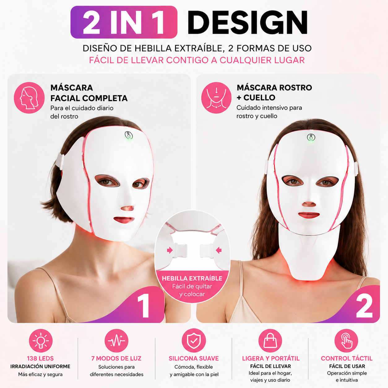 Mascarilla LED Lumeska en modo facial completo y modo rostro con cuello, diseño de hebilla extraíble