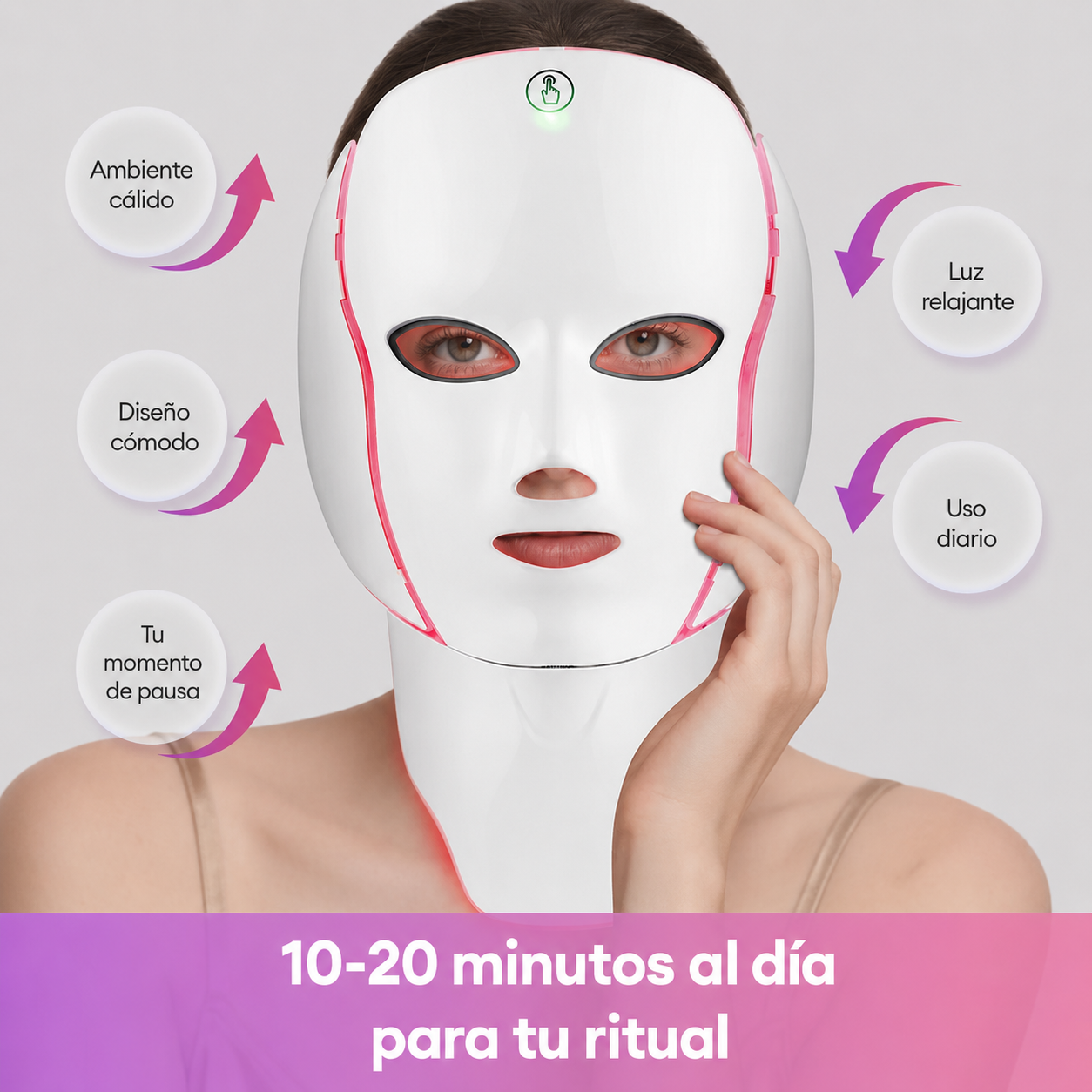 Mujer usando la mascarilla LED Lumeska durante su ritual nocturno de bienestar