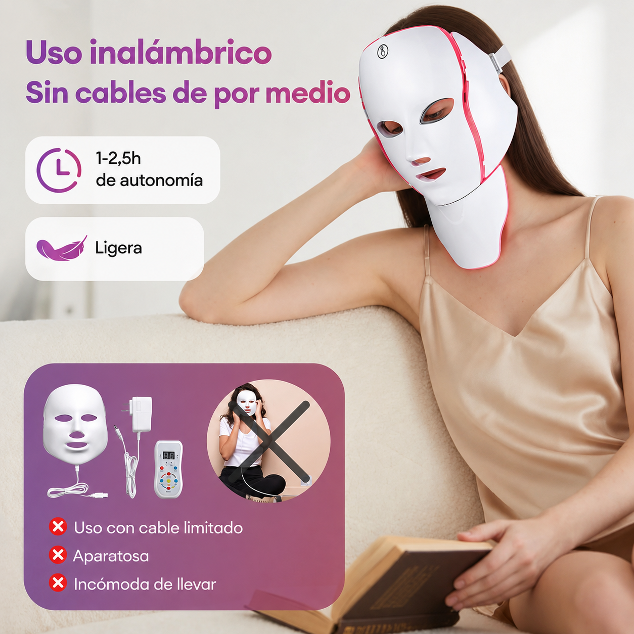 Mascarilla LED Lumeska inalámbrica, mujer relajada usándola en casa mientras lee