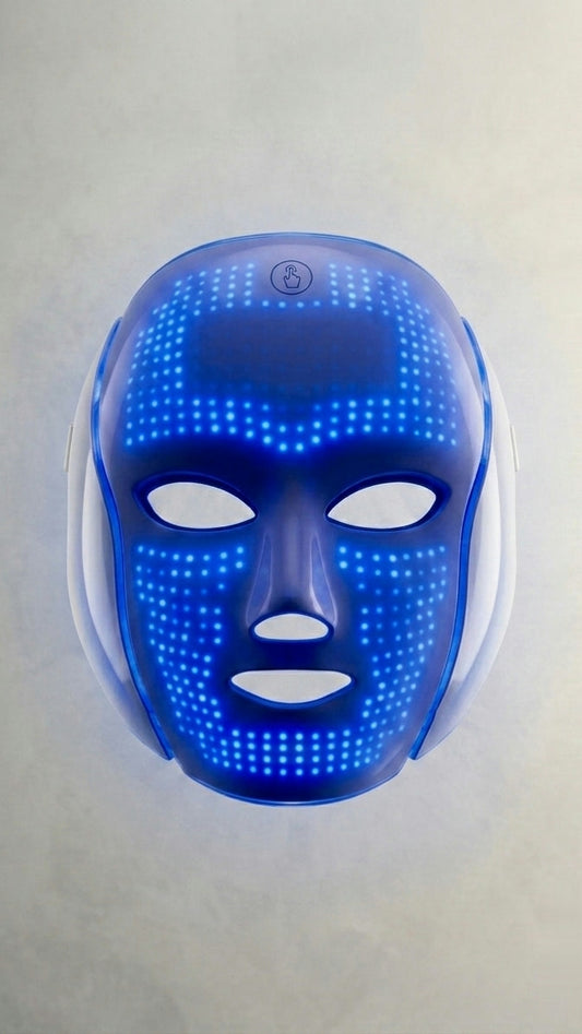 Mascarilla LED Lumeska en modo Azul — claridad de la mañana